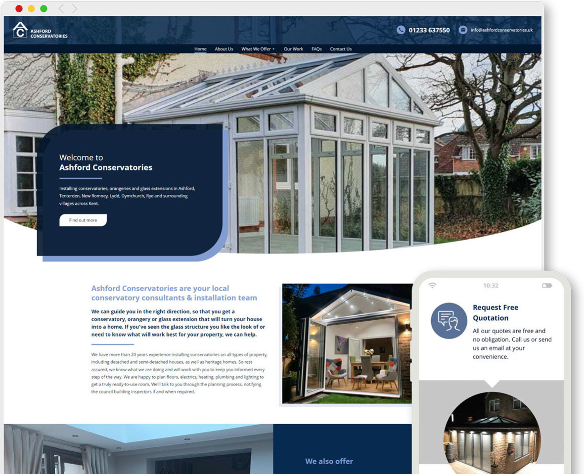 Ashford conservatories screenshot on desktop and mobile