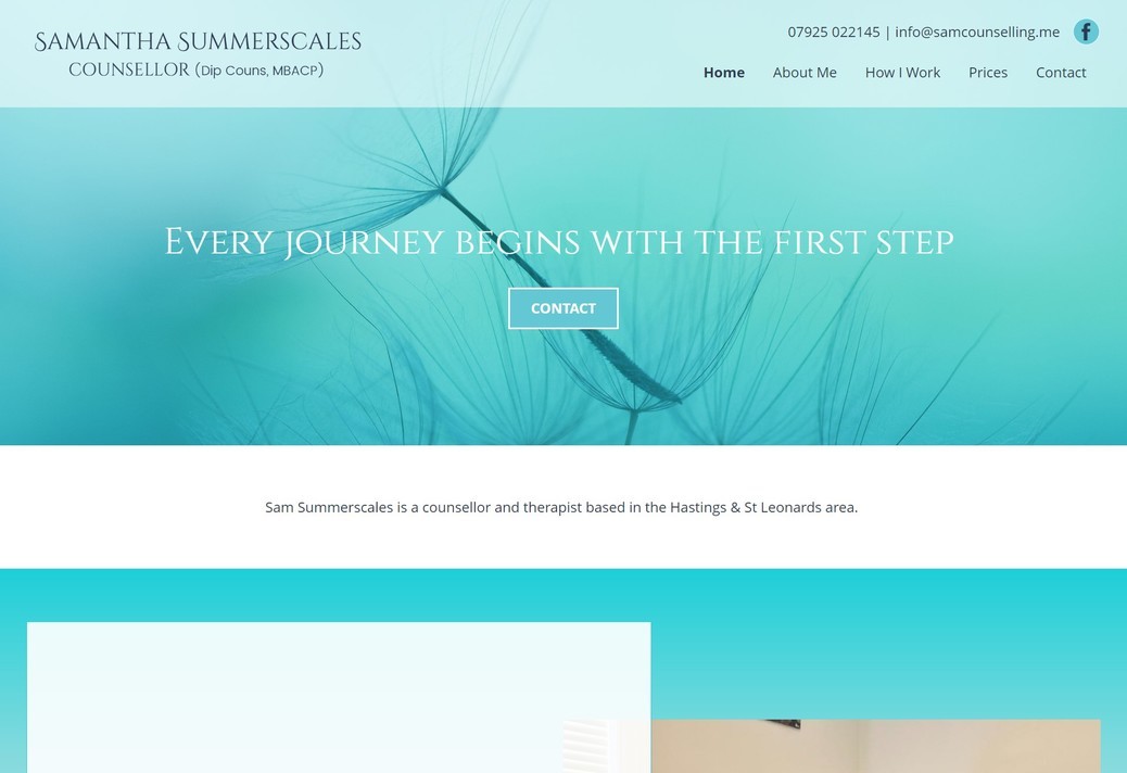 A responsive counselling website with a relaxing blue across the site.