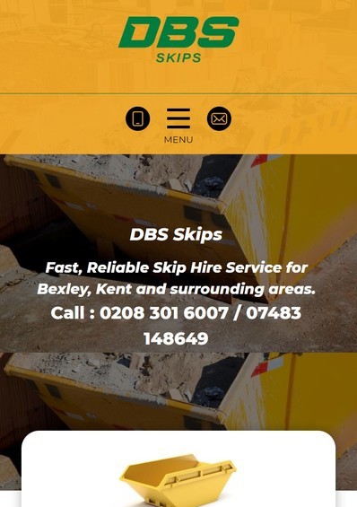 A responsive website design for DBS Skips shown on mobile.