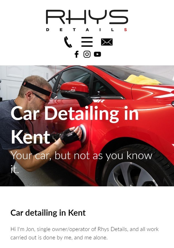 A car detailing responsive website design shown on mobile.
